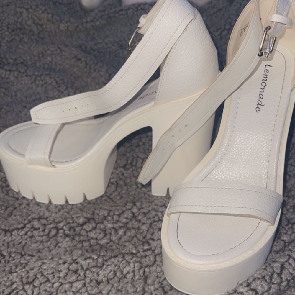 White chunky platform heels